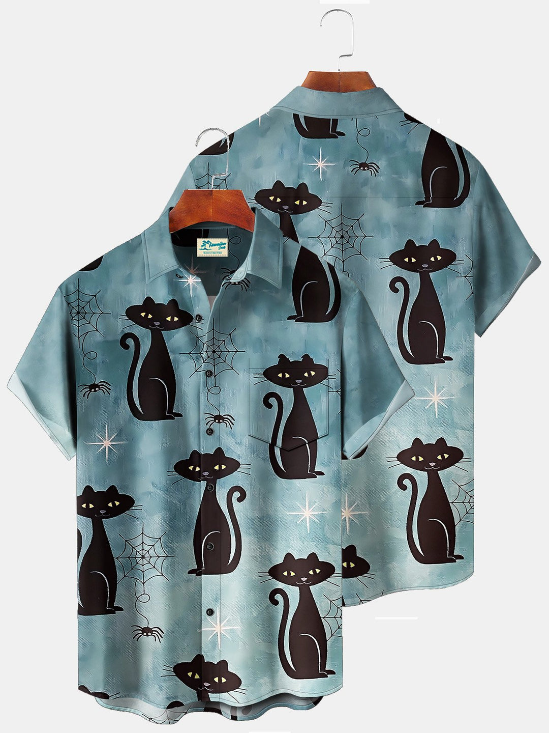 Camisas hawaianas para hombre con diseño de gato negro y azul claro de Halloween de Alohadaddy, camisas elásticas divertidas con botones de campamento Aloha con dibujos animados de telaraña