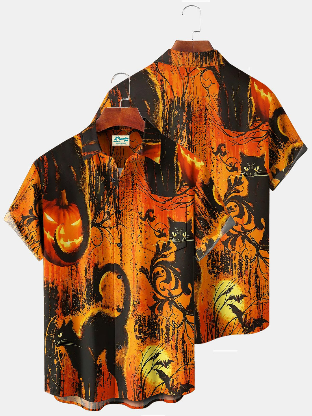Camisas hawaianas de hombre con estampado de murciélagos y dibujos animados de gato negro fantasma, color naranja y naranja, de Alohadaddy Holiday, elásticas, de talla grande, para campamento Aloha