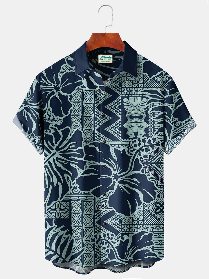 Chemises hawaïennes à fleurs pour hommes Alohadaddy Beach Vacation Tiki Totem Blue Chemises de camp Aloha extensibles surdimensionnées