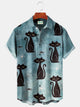 Alohadaddy Halloween Light Blue Black Cat Men's Hawaiian Shirts Spider Web Cartoon Fun Stretch Aloha Camp Button Shirts