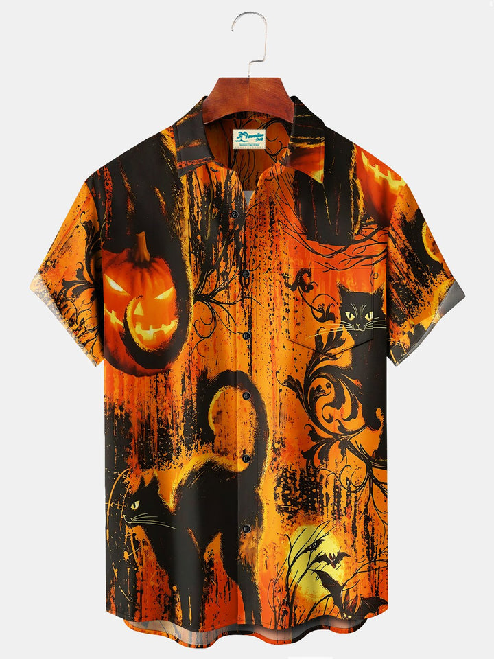 Camisas hawaianas de hombre con estampado de murciélagos y dibujos animados de gato negro fantasma, color naranja y naranja, de Alohadaddy Holiday, elásticas, de talla grande, para campamento Aloha