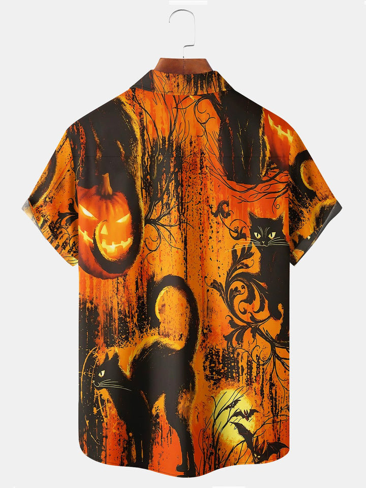 Camisas hawaianas de hombre con estampado de murciélagos y dibujos animados de gato negro fantasma, color naranja y naranja, de Alohadaddy Holiday, elásticas, de talla grande, para campamento Aloha
