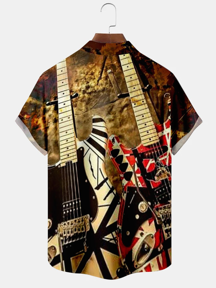 Alohadaddy Vintage Double Guitar Illustration Casual Plus Size Shirts