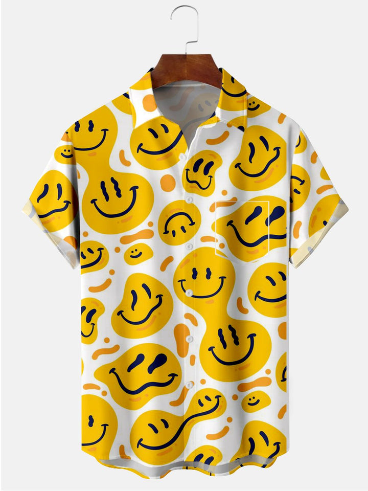 Camisas informales de mezcla de algodón con cara sonriente abstracta amarilla de Alohadaddy en tallas grandes