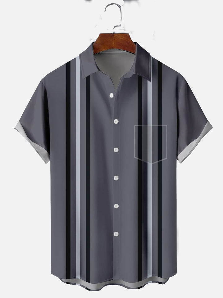 Alohadaddy Deep Gray Strpes Plain Casual Cotton-Blend Bowling Plus Size Shirts