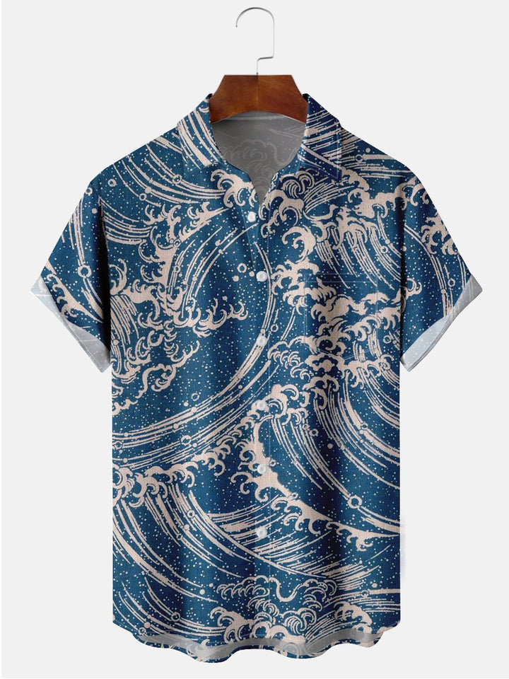Alohadaddy Eastern Japanese Blue Waves Pattern Casual Plus Size Shirts