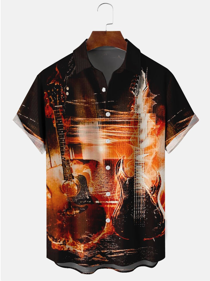 Alohadaddy Black Abstract Double Guitar Illustration Casual Plus Size Shirts