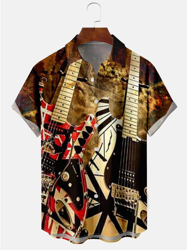 Alohadaddy Vintage Double Guitar Illustration Casual Plus Size Shirts