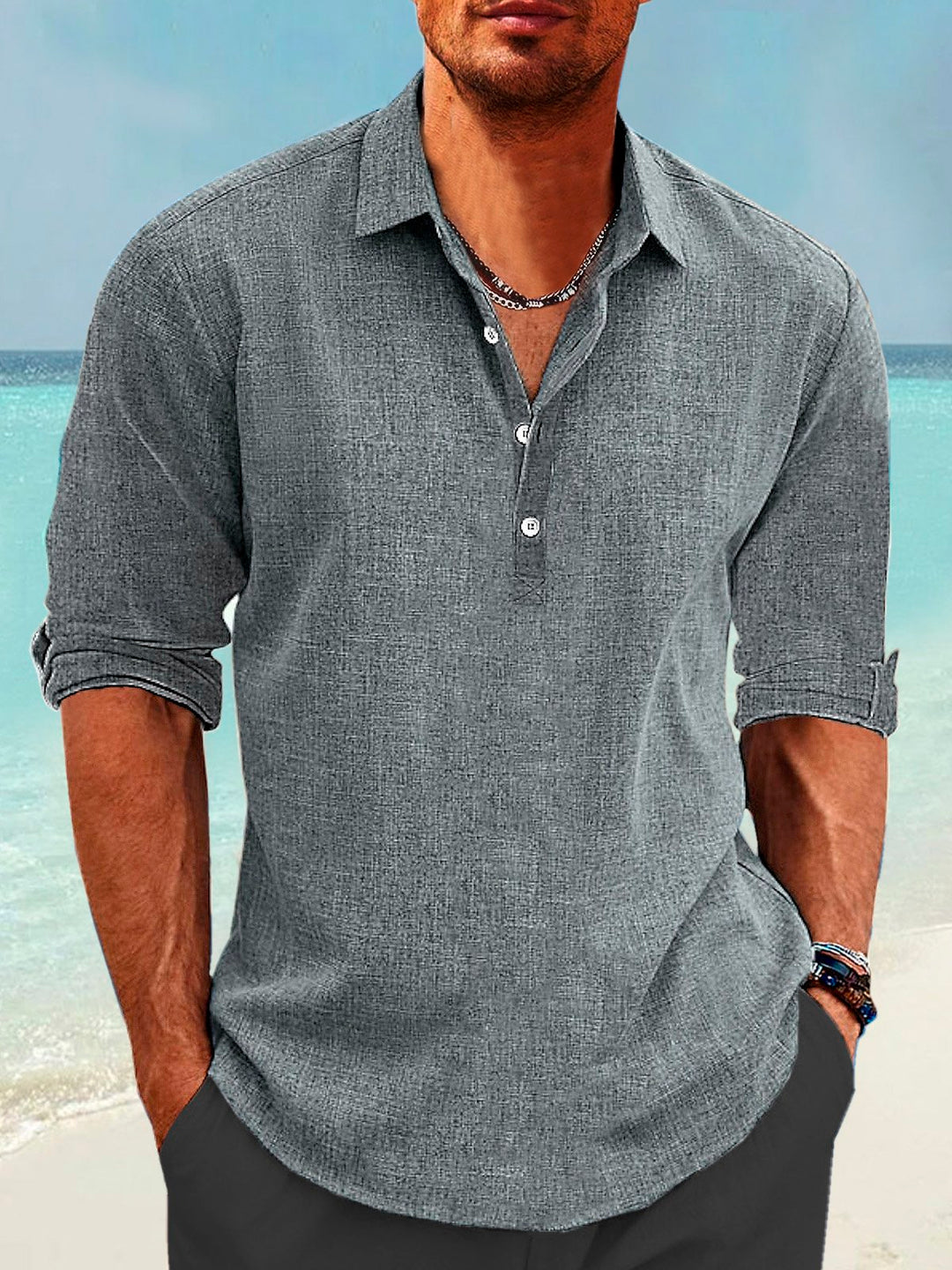 Alohadaddy Cotton Linen Pullover Shirt Collar Button Up Daily Hawaiian Long Sleeve Shirt