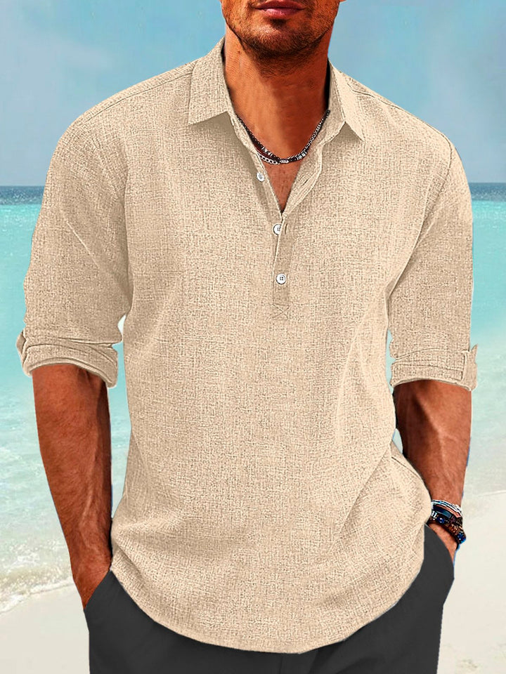 Alohadaddy Cotton Linen Pullover Shirt Collar Button Up Daily Hawaiian Long Sleeve Shirt