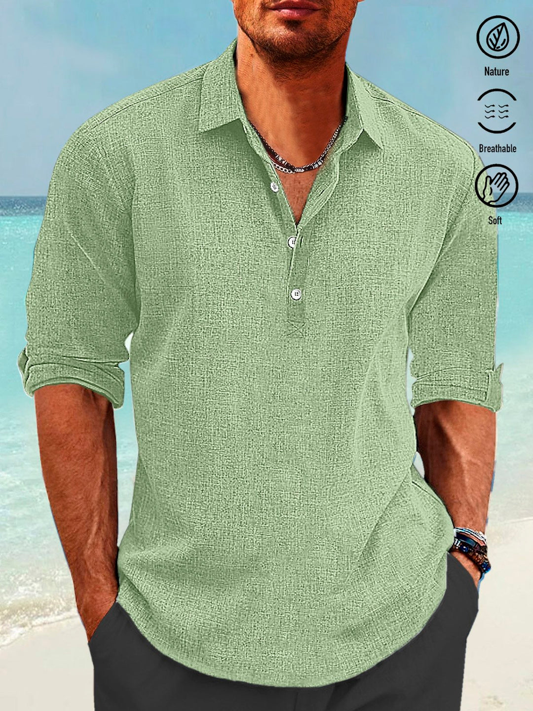 Alohadaddy Cotton Linen Pullover Shirt Collar Button Up Daily Hawaiian Long Sleeve Shirt