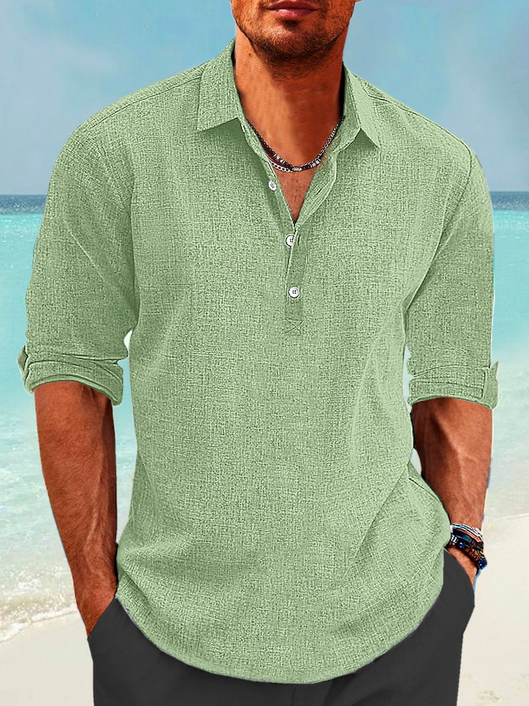 Alohadaddy Cotton Linen Pullover Shirt Collar Button Up Daily Hawaiian Long Sleeve Shirt
