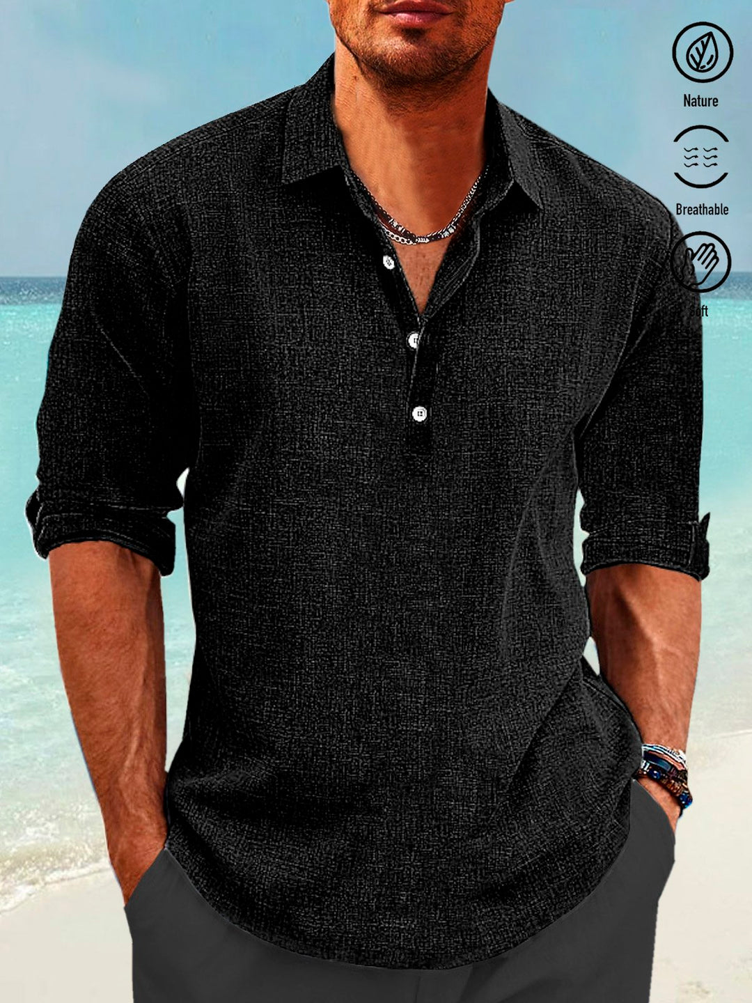 Alohadaddy Cotton Linen Pullover Shirt Collar Button Up Daily Hawaiian Long Sleeve Shirt