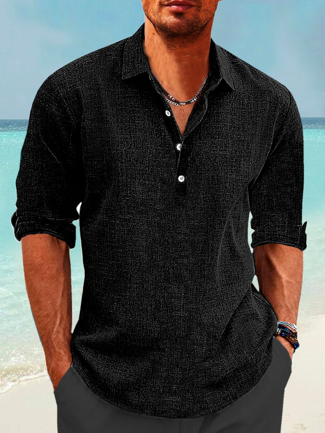 Alohadaddy Cotton Linen Pullover Shirt Collar Button Up Daily Hawaiian Long Sleeve Shirt