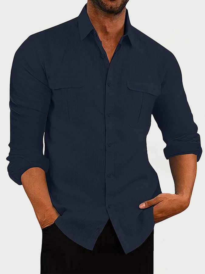 Camisas básicas de algodón y lino para hombre, de manga larga y talla grande