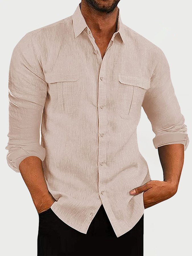 Camisas básicas de algodón y lino para hombre, de manga larga y talla grande