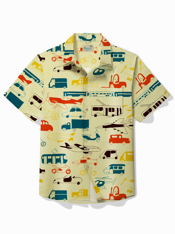 Camisa de manga corta con bolsillo abotonado para hombre con estampado de vehículo de viaje retro Alohadaddy