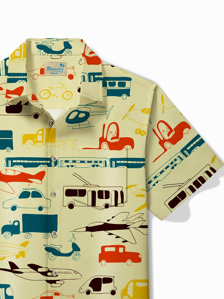 Camisa de manga corta con bolsillo abotonado para hombre con estampado de vehículo de viaje retro Alohadaddy