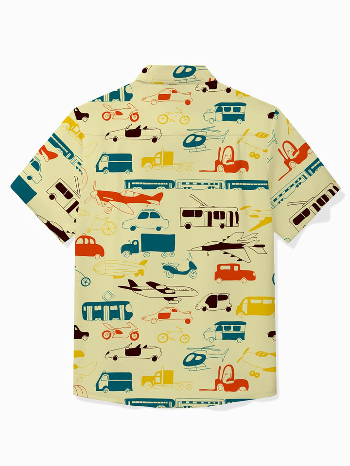 Camisa de manga corta con bolsillo abotonado para hombre con estampado de vehículo de viaje retro Alohadaddy