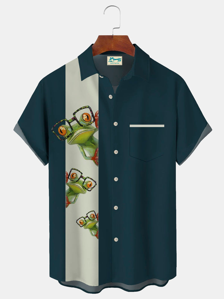 Alohadaddy Frog Casual Bowling Shirt with Glasses Print  Men&