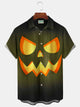 Alohadaddy Halloween Pumpkin Smiley Face Textured Print Men's Breast Pocket Button Short Sleeve Shirt