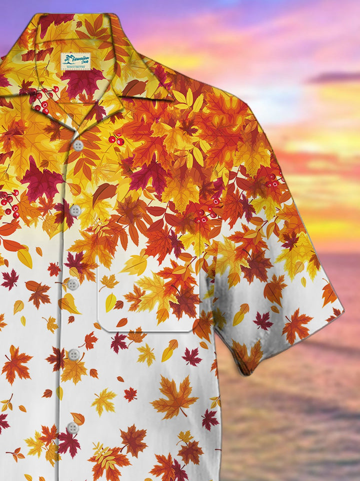 Alohadaddy Maple Leaf Print Camp Collar Beach Men&