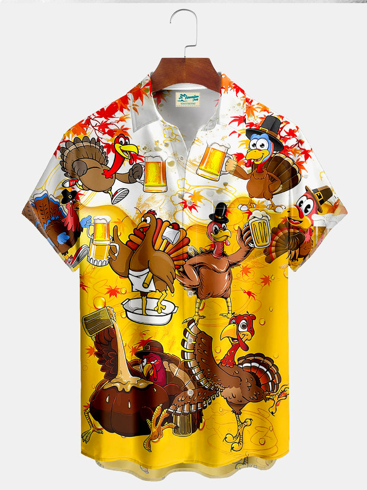 Camisa hawaiana extragrande con bolsillos para hombre con estampado de pavo de Acción de Gracias y cerveza de Alohadaddy