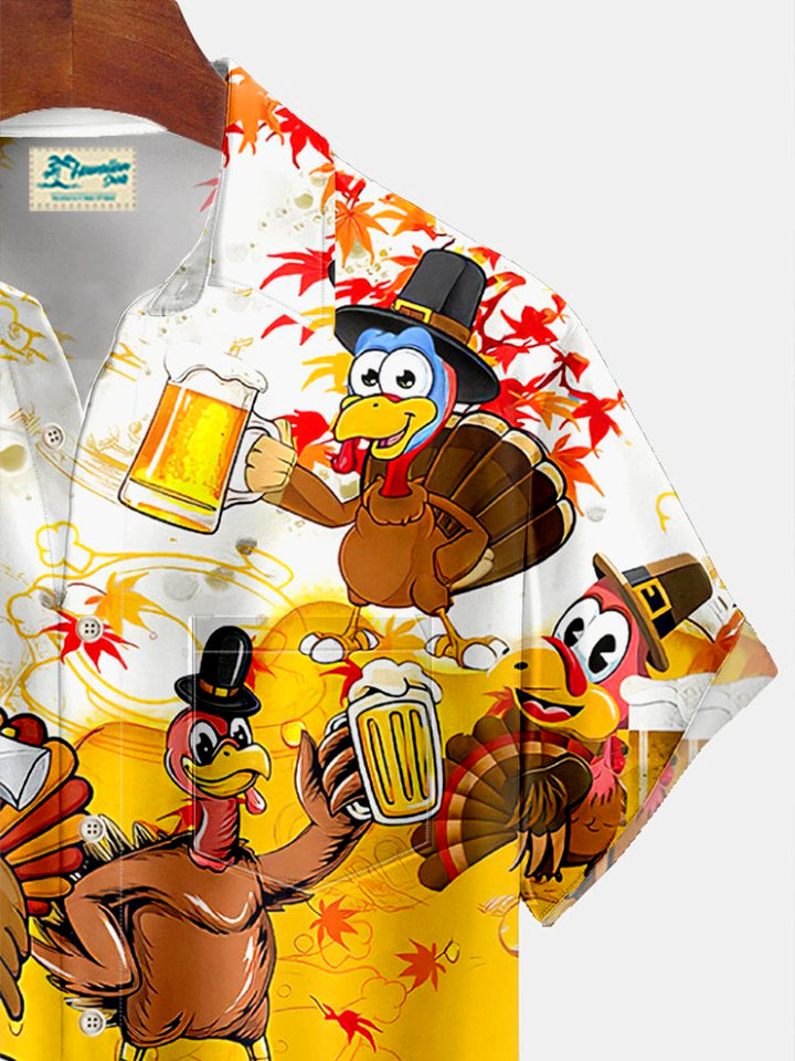 Camisa hawaiana extragrande con bolsillos para hombre con estampado de pavo de Acción de Gracias y cerveza de Alohadaddy