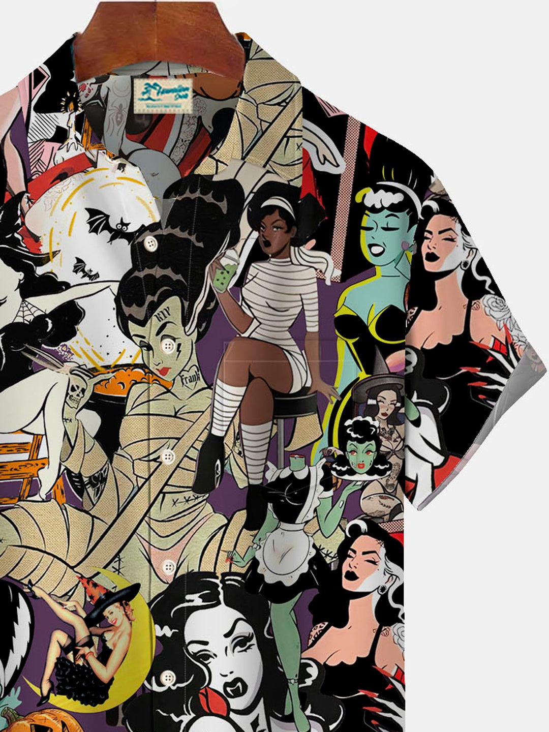 Alohadaddy Halloween Pinup Girls Chest Pocket Short Sleeve Casual Shirt