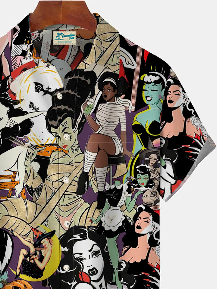 Alohadaddy Halloween Pinup Girls Chest Pocket Short Sleeve Casual Shirt