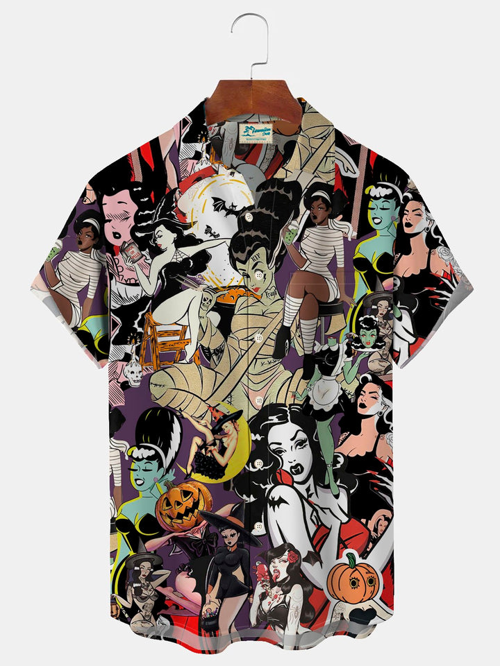 Alohadaddy Halloween Pinup Girls Chest Pocket Short Sleeve Casual Shirt