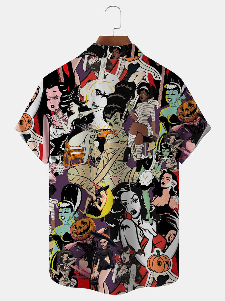 Alohadaddy Halloween Pinup Girls Chest Pocket Short Sleeve Casual Shirt