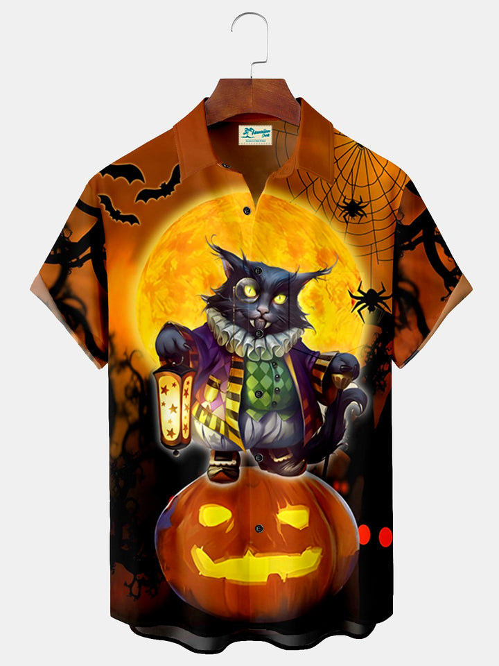 Chemise hawaïenne surdimensionnée pour homme avec poches et imprimé chat noir d&