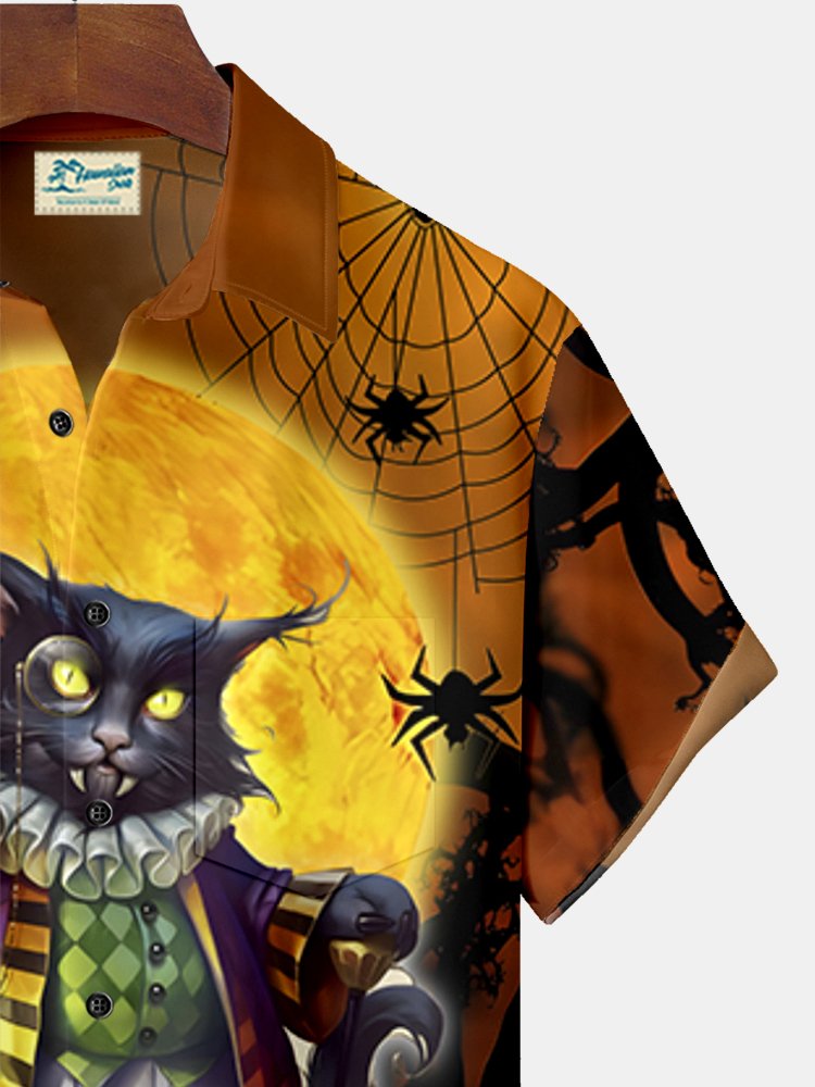 Chemise hawaïenne surdimensionnée pour homme avec poches et imprimé chat noir d&