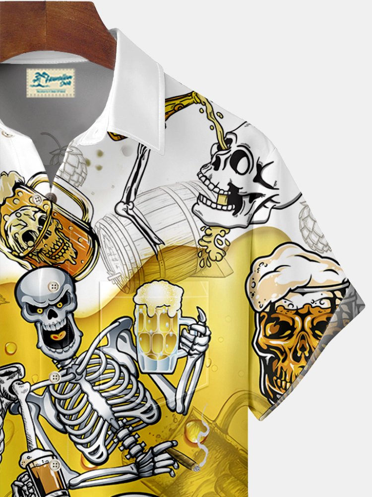 Camisa hawaiana extragrande con bolsillos para hombre con estampado de fiesta de cerveza y calavera de Halloween de Alohadaddy