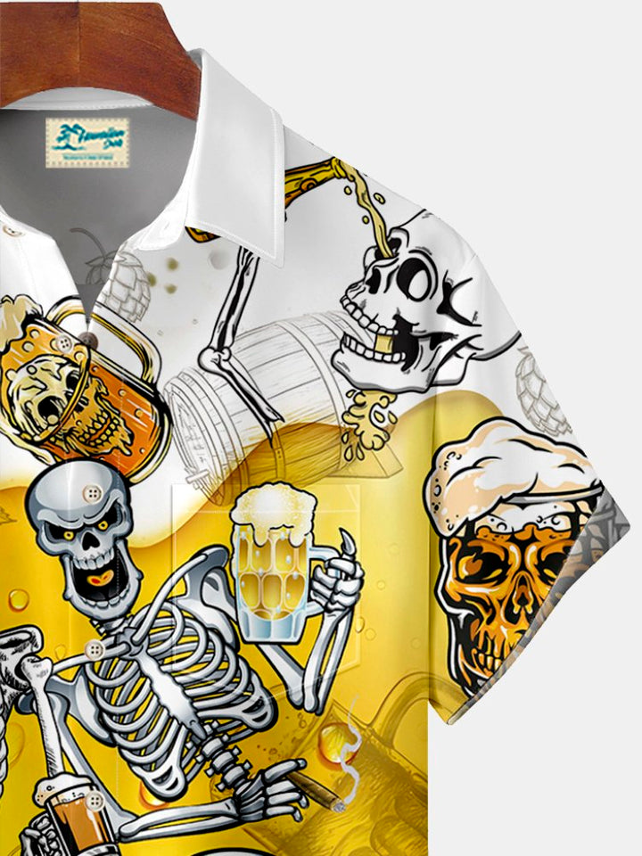 Camisa hawaiana extragrande con bolsillos para hombre con estampado de fiesta de cerveza y calavera de Halloween de Alohadaddy