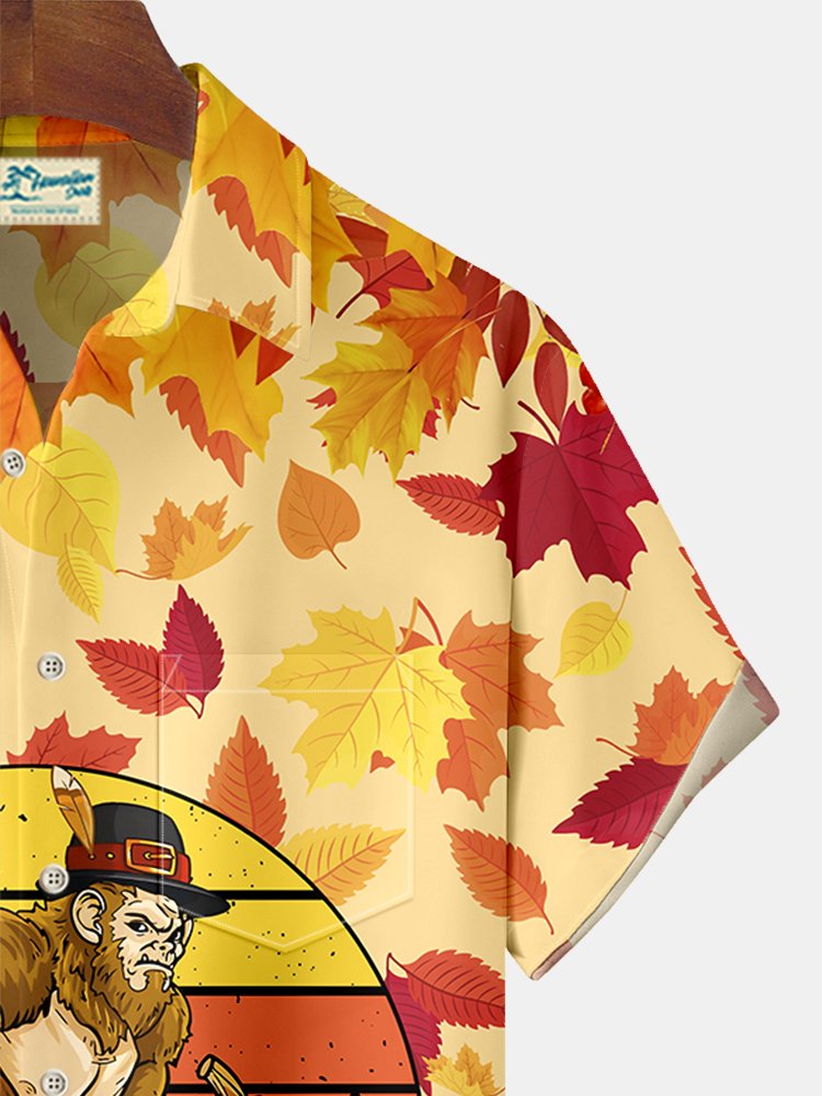Camisa hawaiana extragrande con bolsillos y estampado de hojas de arce y Bigfoot para hombre de Alohadaddy Thanksgiving
