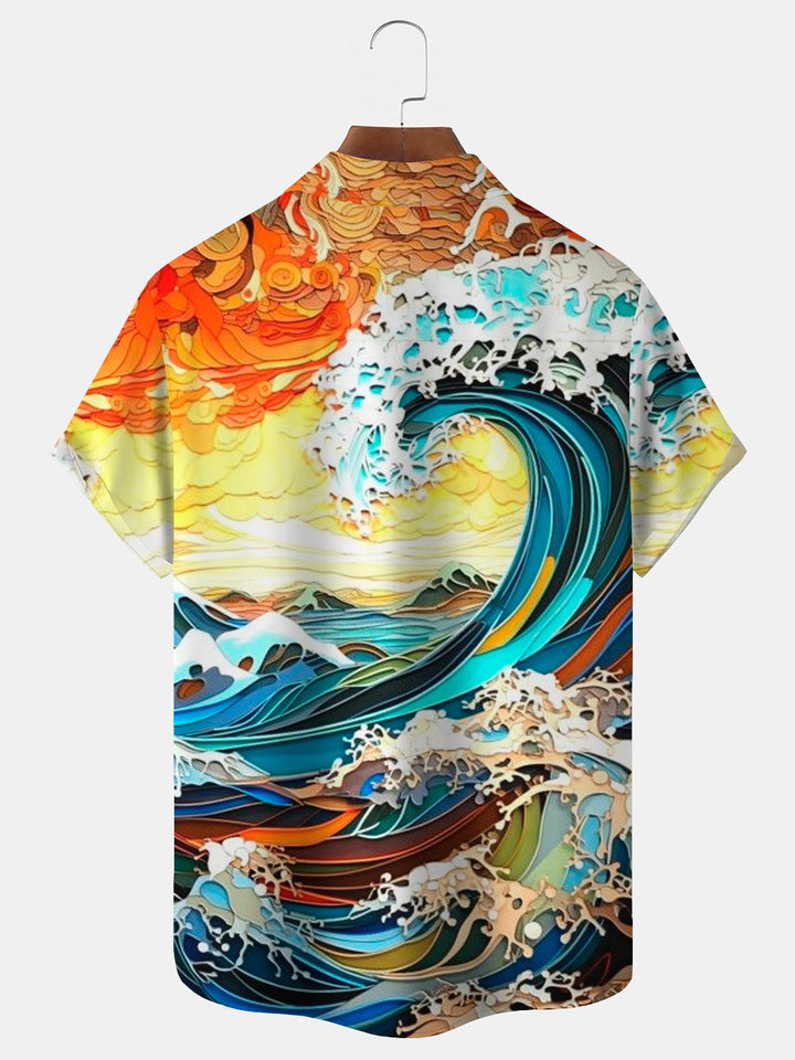 Camisa hawaiana de manga corta extragrande con bolsillos y estampado artístico de olas de Alohadaddy para hombre