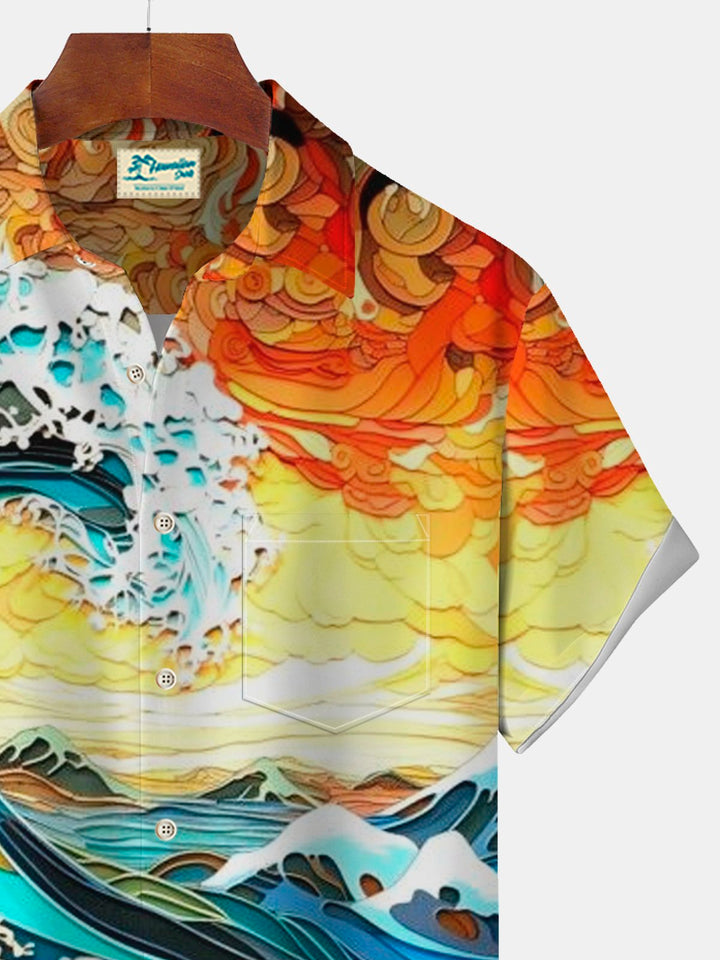 Camisa hawaiana de manga corta extragrande con bolsillos y estampado artístico de olas de Alohadaddy para hombre