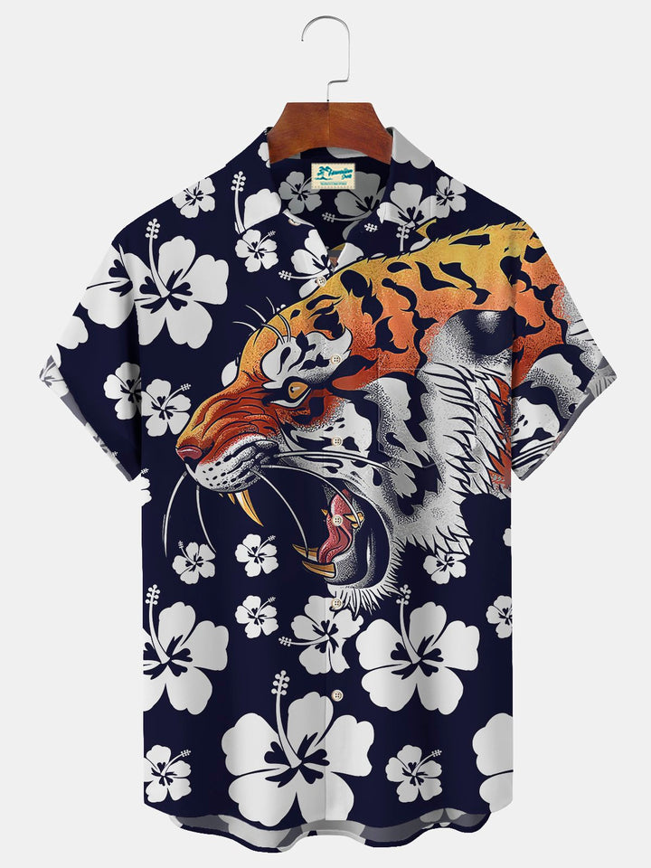 Camisa hawaiana de manga corta extragrande con bolsillos y estampado botánico de tigre para hombre de Alohadaddy