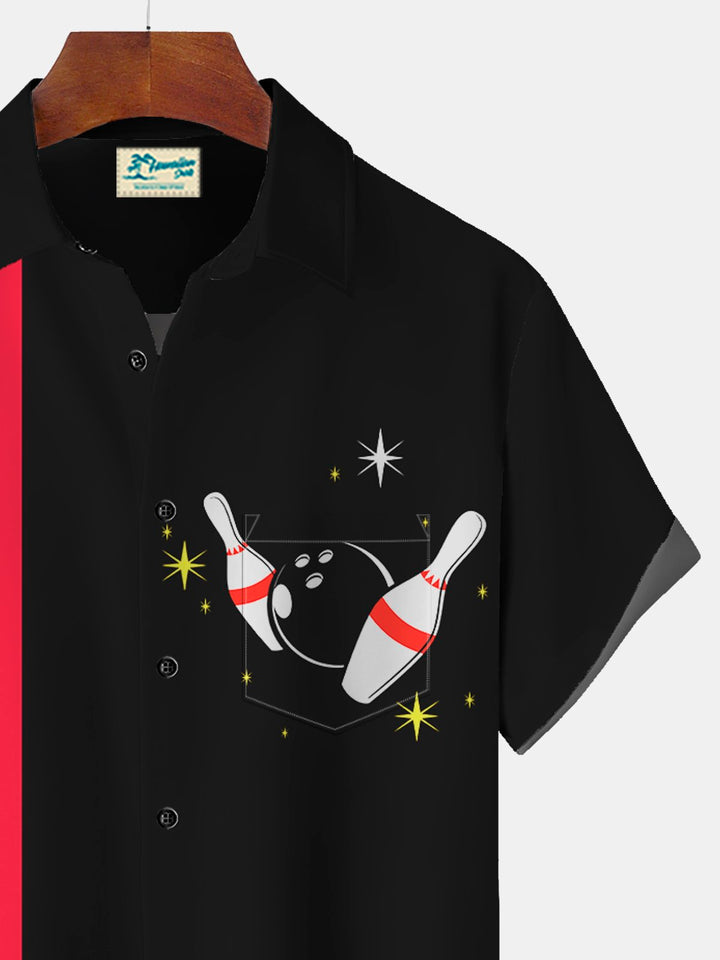 Camisa con bolsillos abotonados para hombre con estampado retro de bolos de Alohadaddy