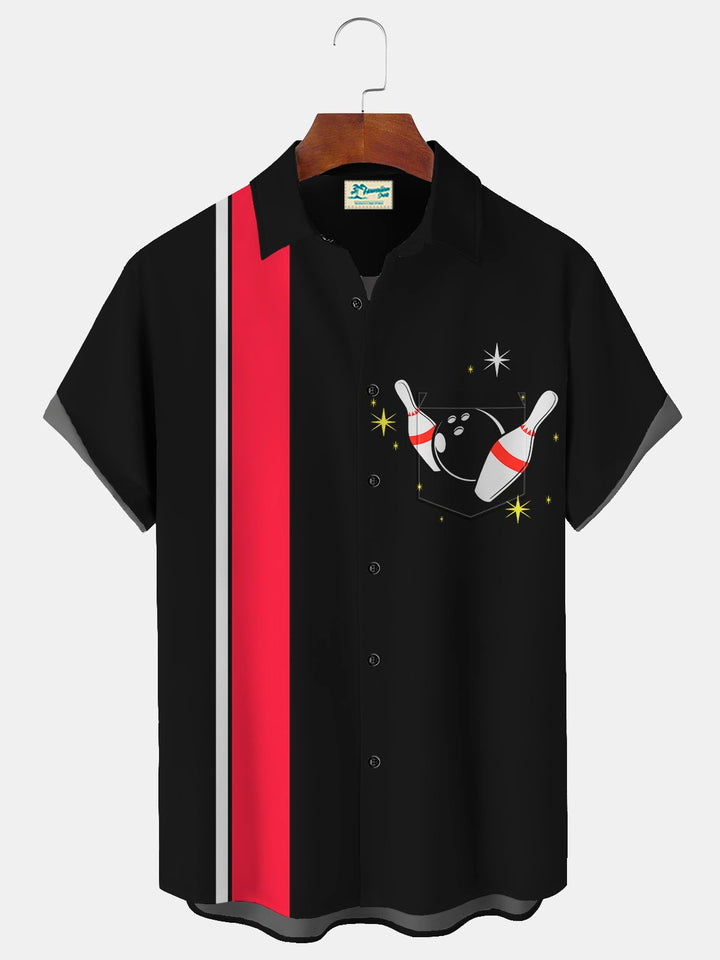 Camisa con bolsillos abotonados para hombre con estampado retro de bolos de Alohadaddy