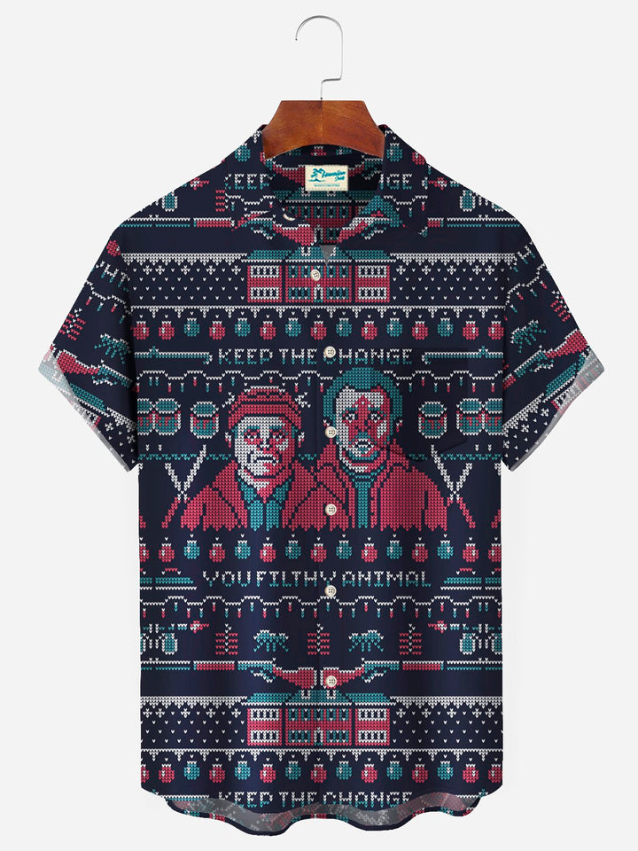Alohadaddy Christmas Holiday Blue Mens Game Shirts Cartoon Stretch Casual Camp Pocket Button Santa Shirts
