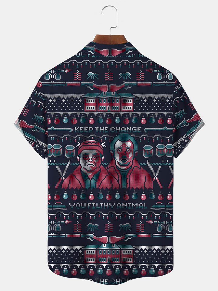Alohadaddy Christmas Holiday Blue Mens Game Shirts Cartoon Stretch Casual Camp Pocket Button Santa Shirts