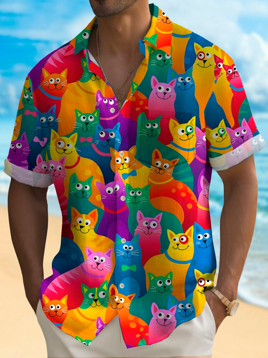 Camisa con bolsillo abotonado y estampado de gato de dibujos animados para hombre de Alohadaddy