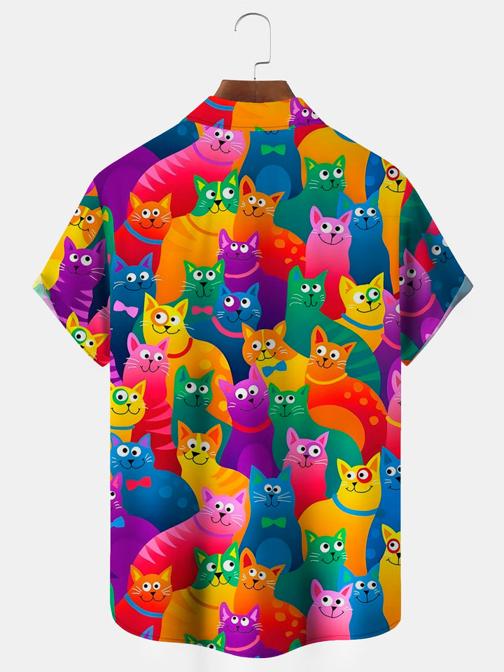 Camisa con bolsillo abotonado y estampado de gato de dibujos animados para hombre de Alohadaddy