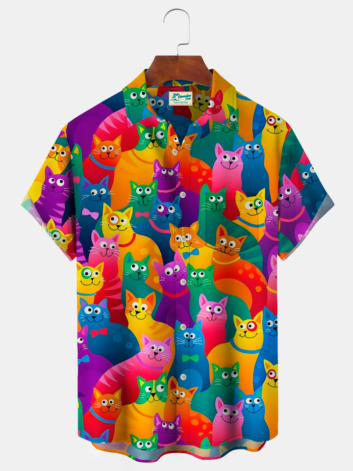 Camisa con bolsillo abotonado y estampado de gato de dibujos animados para hombre de Alohadaddy
