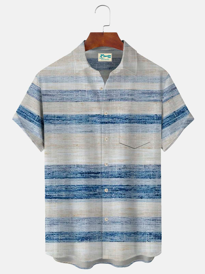 Alohadaddy Textured Blue Striped Casual Short Sleeve Shirt Blend Aloha Camp Pocket Button-Down Shirt Big Tall