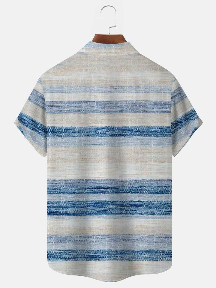 Alohadaddy Textured Blue Striped Casual Short Sleeve Shirt Blend Aloha Camp Pocket Button-Down Shirt Big Tall