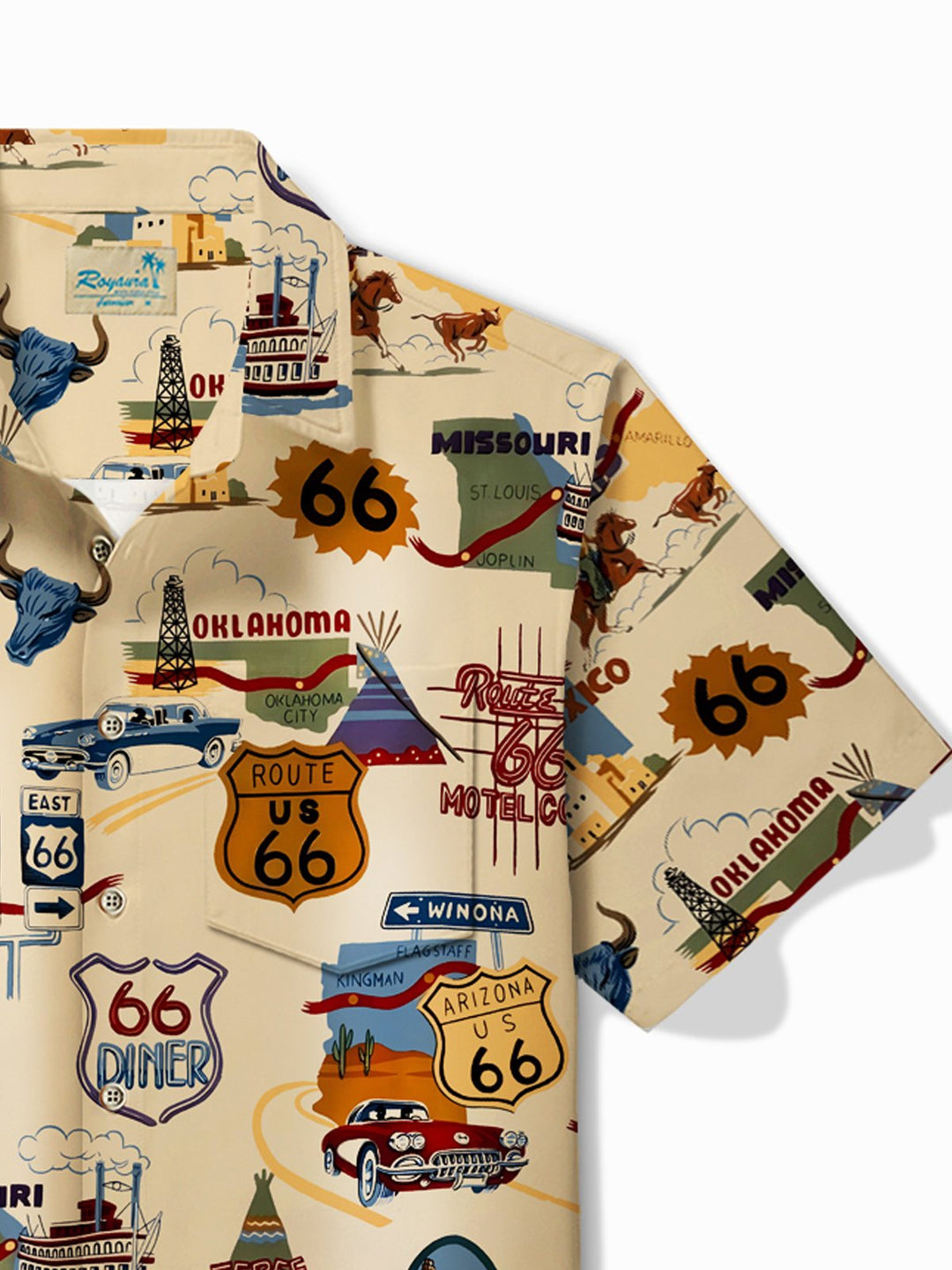 Camisa de manga corta con bolsillo abotonado para hombre con estampado retro de la Ruta 66 de Alohadaddy